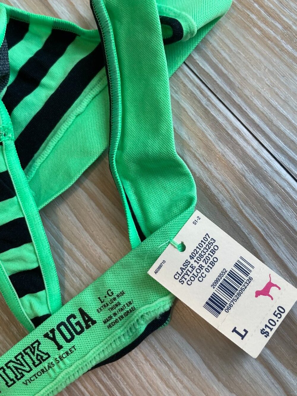 Victoria's Secret PINK Thongs Green with Black Stripes Size Large NWT - Picture 3 of 3